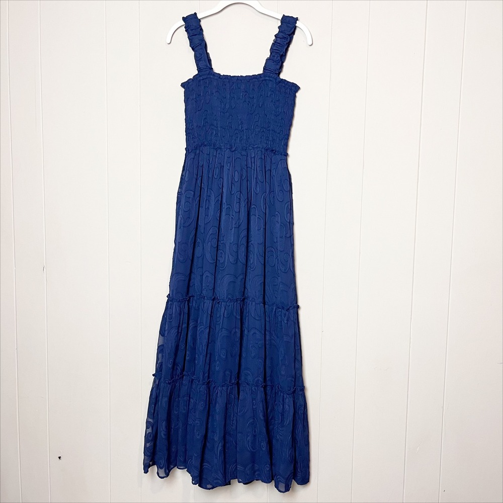 Lilly Pulitzer Hadley Smocked Maxi  Dress Small Navy Blue Paisley Preppy Tiered - Picture 7 of 12